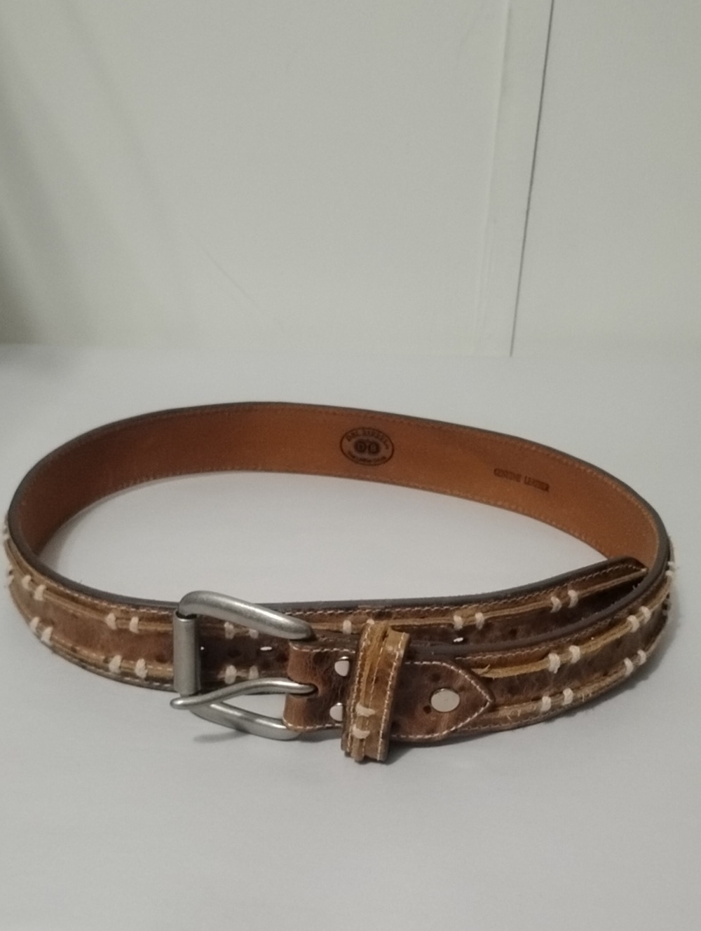 DBL BARREL Western Ostrich Brown Leather Men’s 32 Belt with Contrast Stitching